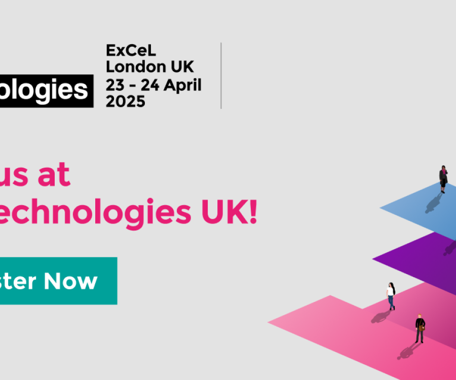 HR Technologies UK banner for 2025 event at ExCeL London with register button and illustrated people on colorful blocks
